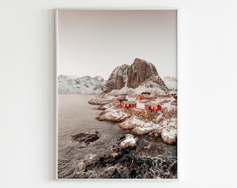 Norway Wall Art, Norway Village Print, Norway Wooden House and Mountain Print, Lofoten Aerial Wall Art, Norway Winter Print, Digital Print