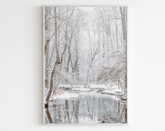 Winter River and Forest Wall Art, Snowy River and Trees Print, Winter Wonderland Nature Landscape, Christmas Wall Decor, Digital Download