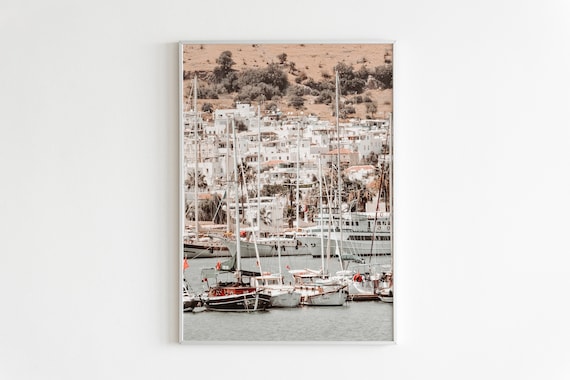 Harbour Wall Art,Mediterranean Print,Seaside,Beach Print,Sea Poster,Coastal Scenery,White Houses,Bodrum Photography,Sail Boat,Neutral Print