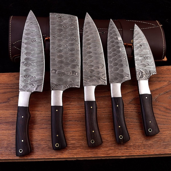Ensemble de 5 pièces de chef de Damas fait à la main avec sac à roulettes en cuir, ensemble de couteaux de cuisine, ensemble de couteaux de