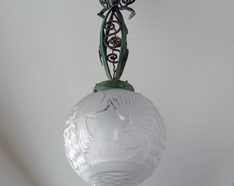 Art Deco chandelier signed Muller and brothers with peacock motifs