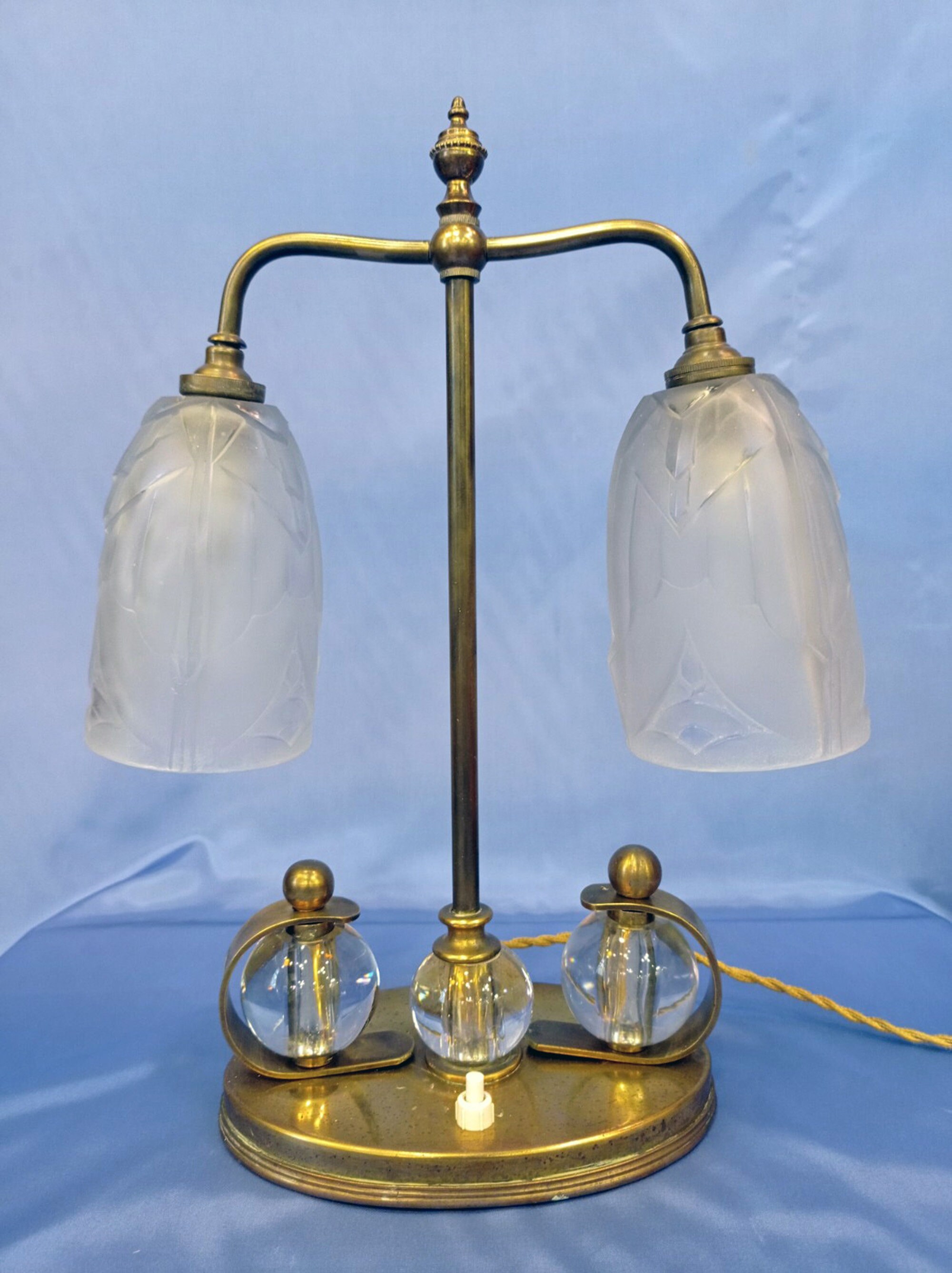 Lampe Double 2 Tulipes Art Déco 3 Boules de Cristal