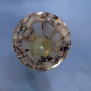 以下が含まれることがあります： 白地に茶色と黒の模様が入った花瓶の内側。花瓶は開口部が広く、底が丸くなっている。