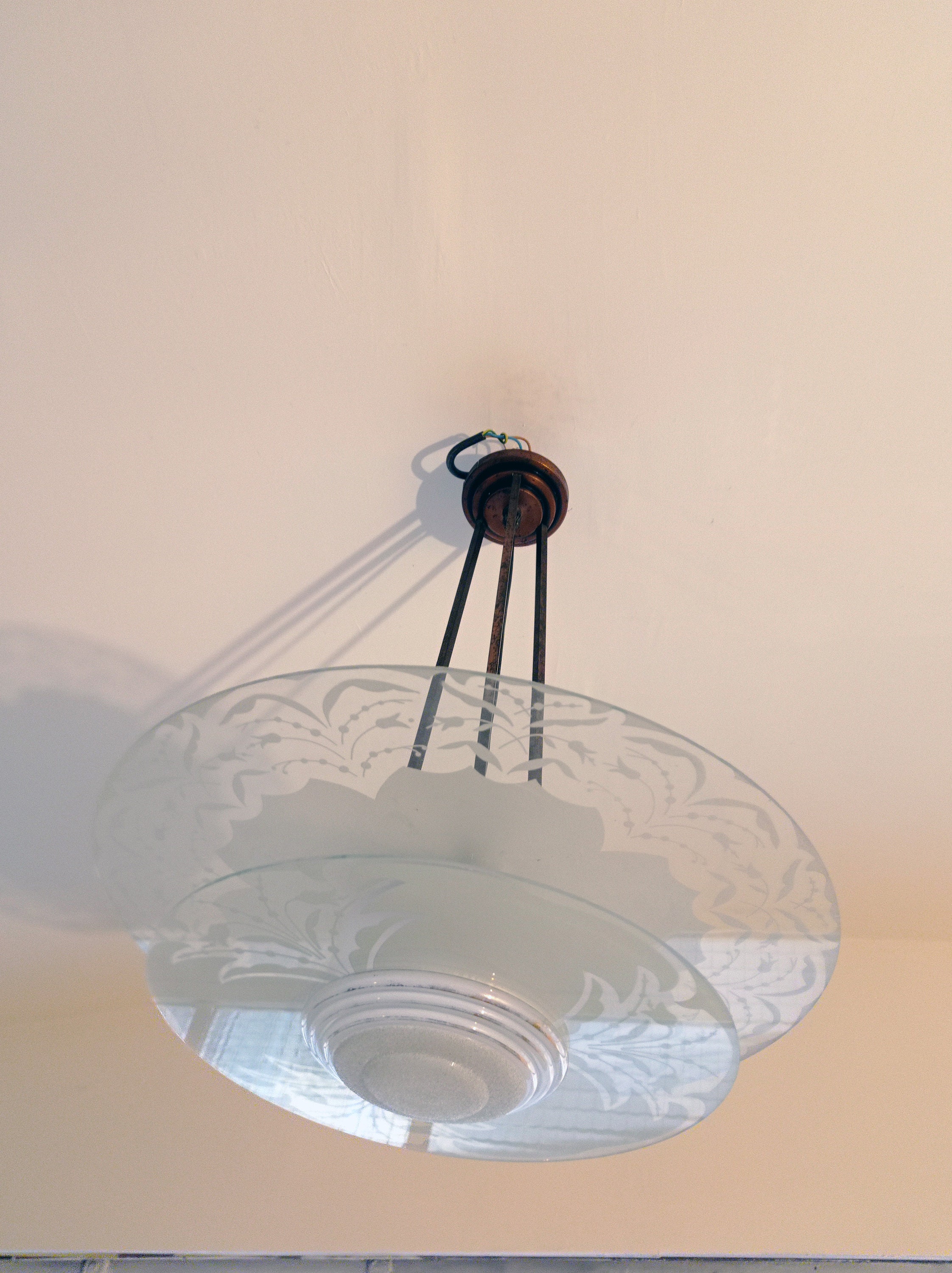 Lustre Type Ezan Art Déco à Double Disques en Verre Sablé