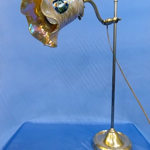 May include: A brass table lamp with a  iridescent glass shade. The shade has a ruffled edge and a decorative design. The lamp has a long, adjustable arm and a round base.