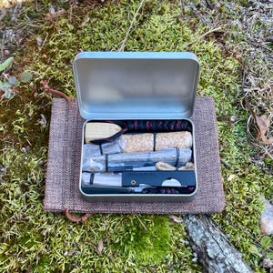 Ferro Rod and Striker + Flint and Steel + Solar Fire Making Kit Bushcraft Survival Three in One Survival Kit in Metal Storage Tin