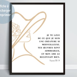 Christian interior decoration, printable poster for frame, Bible verse in French, Psalms 139V14, Wall Art, Christian gift