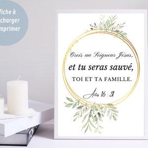 Affiche Chrétienne imprimable, Verset biblique en Français Actes 16v31,  Décoration chrétienne, Art Mural Minimaliste, Cadeau chrétien