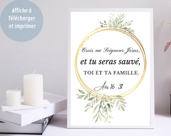 Affiche Chrétienne imprimable, Verset biblique en Français Actes 16v31,  Décoration chrétienne, Art Mural Minimaliste, Cadeau chrétien