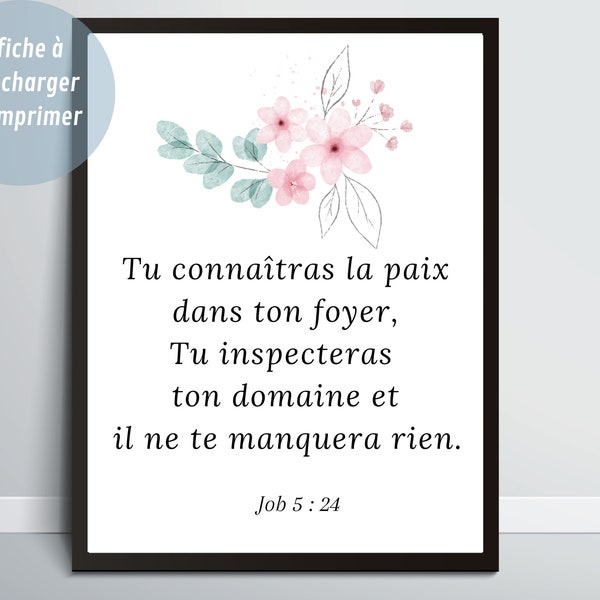Verset biblique en français, Job 5v24, Affiche décorative chrétienne pour cadre, Art mural minimaliste, citation poster à imprimer