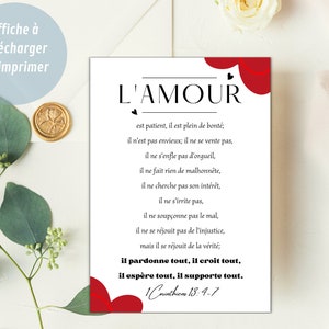 Printable Christian Poster, Bible Verse in French 1 Corinthians 13v4-7, Home Decor, Wall Art, Christian Gift