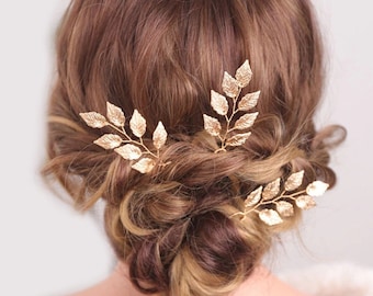 Minimalist and Delicate Gold Leaf Bridal Hair Pins, Wedding Hair Piece,  Bridesmaid Hair Pins , Gold Bridal Headpiece,Wedding Hair Accessory