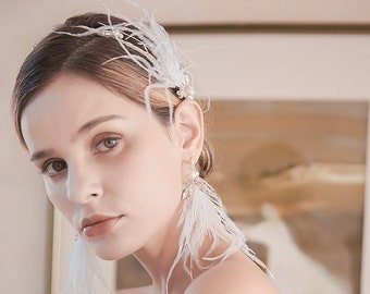 Braut Handgemachte Feder Stirnband Kopfschmuck mit Ohrringen, Hochzeit Braut Brautjungfer Haarschmuck UK, Braut Haarrebe, Haarschmuck