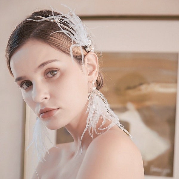 Bandeau de plumes fait main de mariée avec boucles d'oreilles, accessoires de cheveux de mariée demoiselle d'honneur de mariage au Royaume-Uni, vigne de cheveux de mariée, bijoux de cheveux