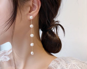 Freshwater Pearl Drop Threader Earring, Long Pearl Bridal Earring, Dangle Earring, Long Chain Pearl Earring, Wedding Earrings for Brides