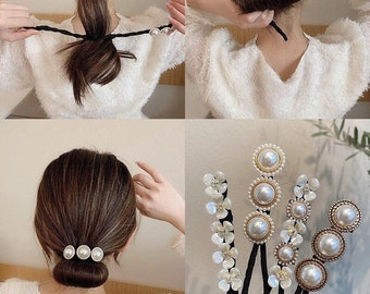 Haarschmuck Haarschmuck Mit Perle und Blume Für Frauen Mädchen, Pferdeschwanz Low Bun Donut Haarschmuck, Braut Twist Kopfschmuck, Geschenk UK