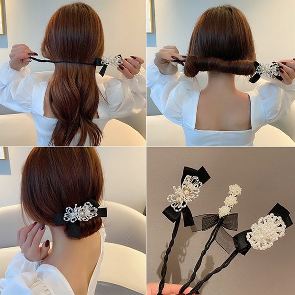 Hair Bun Maker Tool With Pearls and Crystal Beads, Ponytail Low Bun Donut Hair Accessories for Women, Bridal Twist Headwear Jewellery, Gift