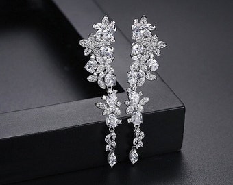 Pendientes largos de novia de cristal, joyería de boda, pendientes de dama de honor de novias de plata, pendientes largos de gota de cristal, pendientes de declaración regalo Reino Unido