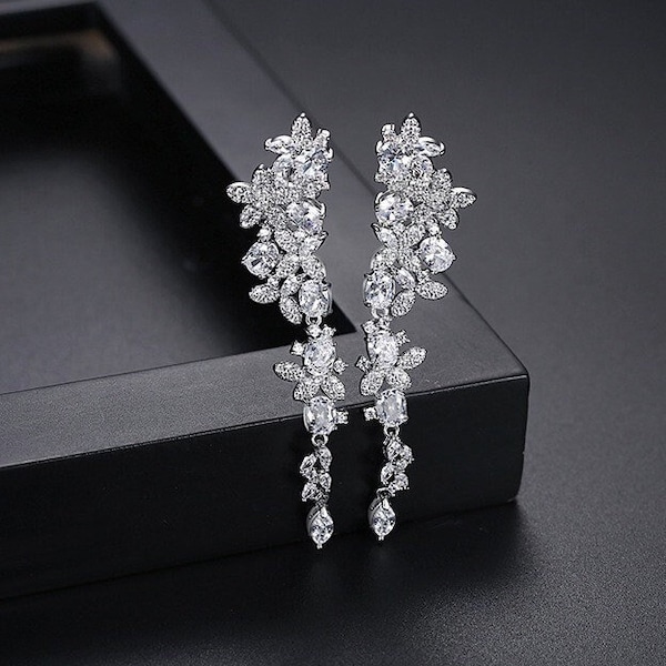 Long Crystal Bridal Earrings, Wedding Jewellery, Silver Brides Bridesmaid Earrings, Long Crystal Drop Earrings, Statement Earrings Gift UK