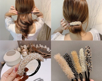 Haarknoten Maker Werkzeug mit Kristall Perlen für Frauen Mädchen, Pferdeschwanz Low Bun Donut Haarschmuck, Braut Twist Kopfbedeckung Schmuck, Geschenk UK