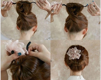 Hair Bun Maker Tool With Organza Flower and Pearl For Women Girls, Ponytail Low Bun Donut Hair Accessory, Bridal Twist Headwear Jewellery