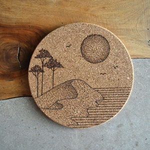 Cork Coaster - Pyrography - Illustratie oceaanduinen heide