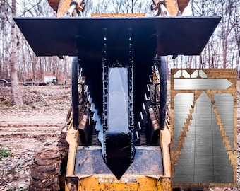 May include: A yellow skid steer with a black tree shear attachment. The shear has a set of teeth for cutting down trees. The image includes the text "CNC PLASMA FILE".