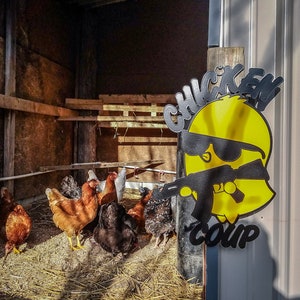 May include: A yellow cartoon chicken with sunglasses and a gun, holding a sign that says "Chicken Coup". The chicken is in front of a coop with chickens inside.