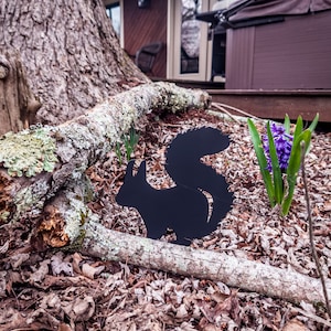 Puede incluir: Silueta de metal negro de una ardilla en un jardín. La ardilla se encuentra entre hojas caídas, un tronco desgastado y flores moradas. Un árbol y una casa se ven al fondo.