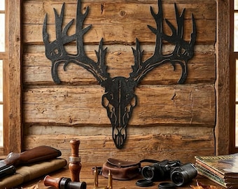 May include: A black metal wall art piece shaped like a deer skull with large antlers. The design features intricate cutouts throughout the skull and antler structure, creating a silhouette effect against the wall. The item is a digital download.
