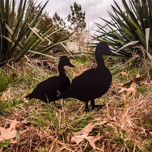 May include: Two black metal silhouettes of ducks standing in a bed of dry grass and green foliage.