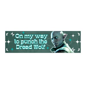 May include: A green banner with a teal border and white stars. The banner reads "On my way to punch the Dread Wolf" in a teal font. A character with pale skin, pointed ears, and a serious expression is shown on the right side of the banner.