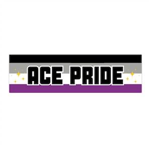 Peut inclure: Une bannière noire et blanche avec le texte "ACE PRIDE" en lettres noires grasses. La bannière a les couleurs du drapeau de la fierté asexuelle : noir, gris, blanc et violet.