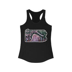 May include: Black tank top with a graphic of a pink creature called "The Squonk" in a green forest, inside the outline of the state of Pennsylvania.