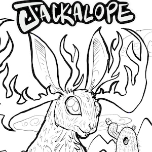 Jackalope, Cryptid bunny, adult coloring page, monsters, urban legends, local legend, cute, animal, monster,stress relief fun relaxing silly