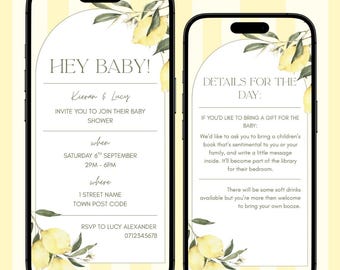 Plantilla de invitación para baby shower de limón, invitación digital de género neutro, plantilla móvil editable de Canva