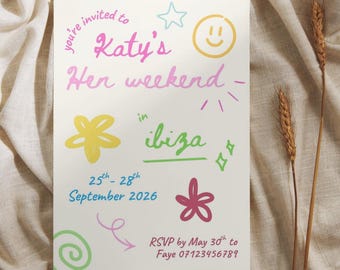 Plantilla de invitación para despedida de soltera en Ibiza, invitación editable en Canva, invitación para fin de semana de despedida de soltera en Ibiza, invitación imprimible para despedida de soltera, descarga instantánea.