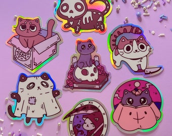 Spooky Cats - A Holographic Sticker Set | 3" Laminated Holographic Die Cut Sticker