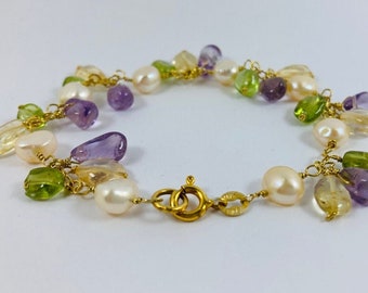 Bracelet with natural gems, freshwater pearls and gold-plated 925 silver