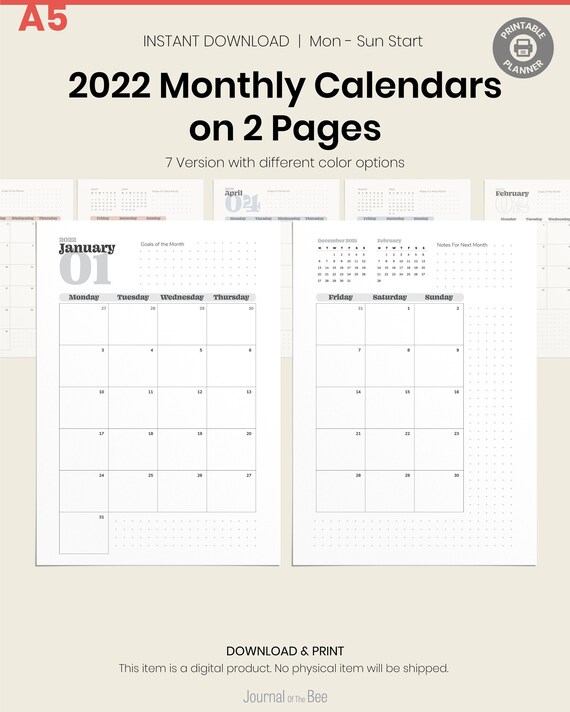 2022 Monthly on Two Pages Printable Monthly Calendar With Dotted Note Area  Monday Sunday Start Printable Planner Insert A5 Planner - Etsy