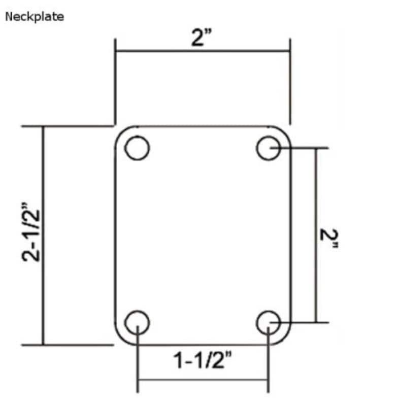 May include: A black metal neckplate for a guitar with four screw holes. The neckplate is 2 inches wide and 2-1/2 inches long.