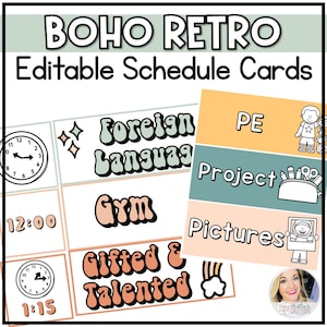 Klassenzimmer Tägliche Visuelle Stundenplan Karten Bearbeitbar | Boho Regenbogen | Retro Groovy Klassenzimmer Dekor
