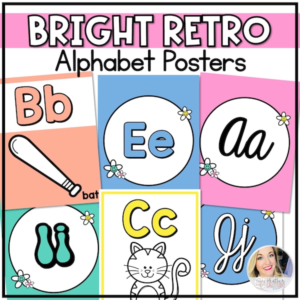 Alphabet Posters |Rainbow Cursive Alphabet | Alphabet Cards with pictures | Retro Classroom Decor