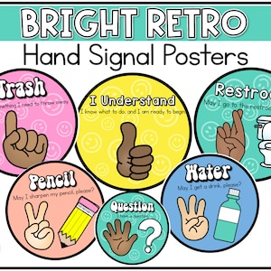Hand Signal Posters | Retro Classroom Decor | Classroom Printable Posters | Silent Signals for the Classroom