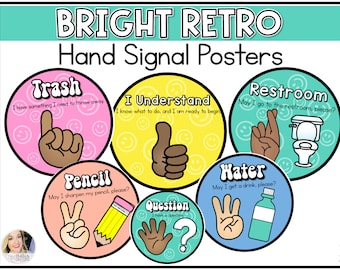 Hand Signal Posters | Retro Classroom Decor | Classroom Printable Posters | Silent Signals for the Classroom