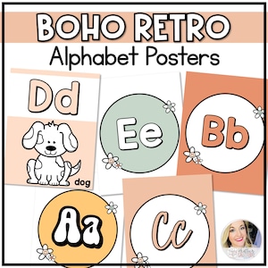Alphabet Poster | Boho Regenbogen Kursive Alphabet | Alphabet Karten mit Bildern | Retro Klassenzimmer Dekor
