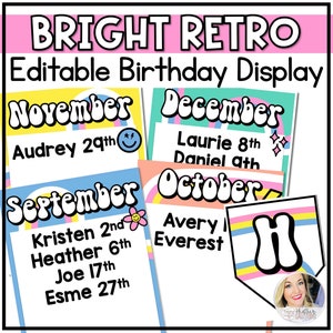 Retro Classroom Decor Birthday Display | Bright Rainbow Birthday Bulletin Board | Birthday Banner and editable Birthday Certificate