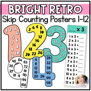 Könnte beinhalten: Ein Satz farbenfroher Poster zum Üben des Zählens in Schritten von 1 bis 12. Jedes Poster zeigt eine große Zahl mit kleineren Zahlen darin, die die Schrittfolge des Zählens darstellen. Die Poster sind im Retro-Stil mit leuchtenden Farben und kräftigen Umrissen gestaltet. Eine Multiplikationstabelle zum Multiplizieren mit 3 ist ebenfalls enthalten.