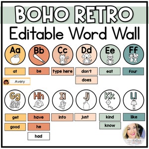 Boho Word Wall / Boho Rainbow Portable Word Wall / Tarjetas de alfabeto con imágenes / Decoración retro del aula / Letras de pared de palabras