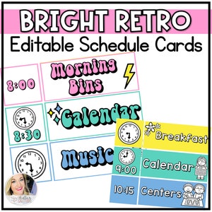 Tarjetas de programación visual diaria del aula editables / arco iris brillante / decoración retro del aula Groovy